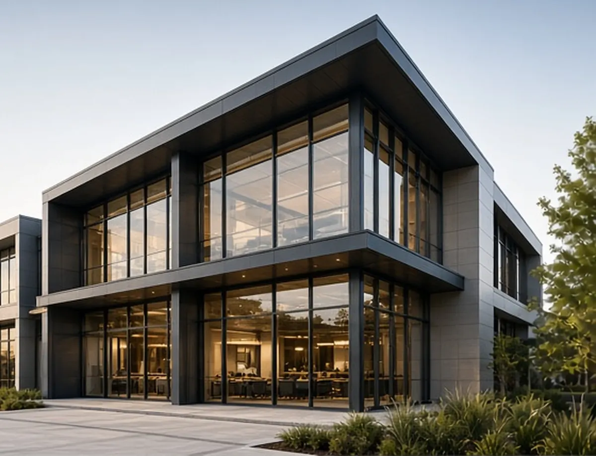 Modern two-storey commercial building with glass facades and warm interior light at dusk.